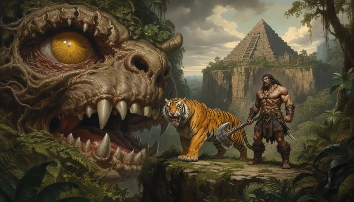 Barbarian Warrior With Armored Tiger On Jungle Cliff