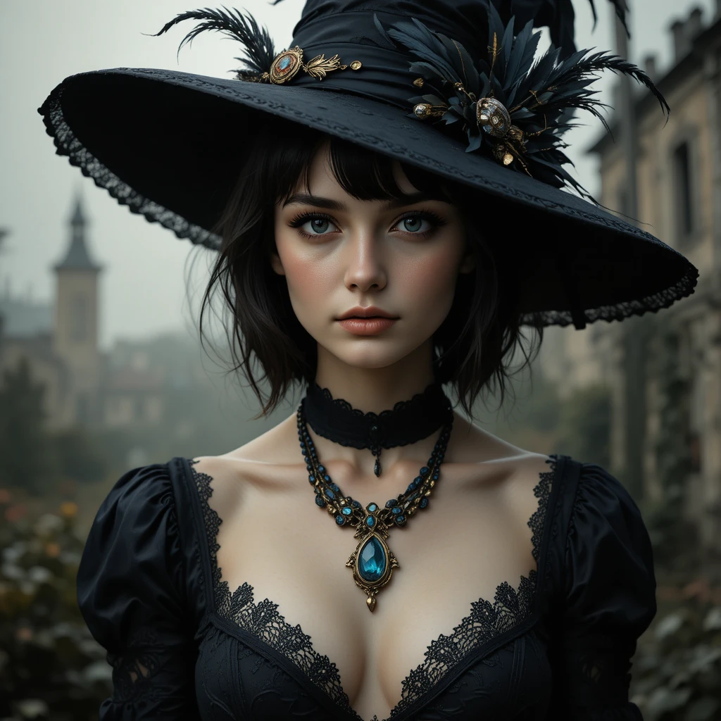 Young woman in gothic hat before overgrown city ruins