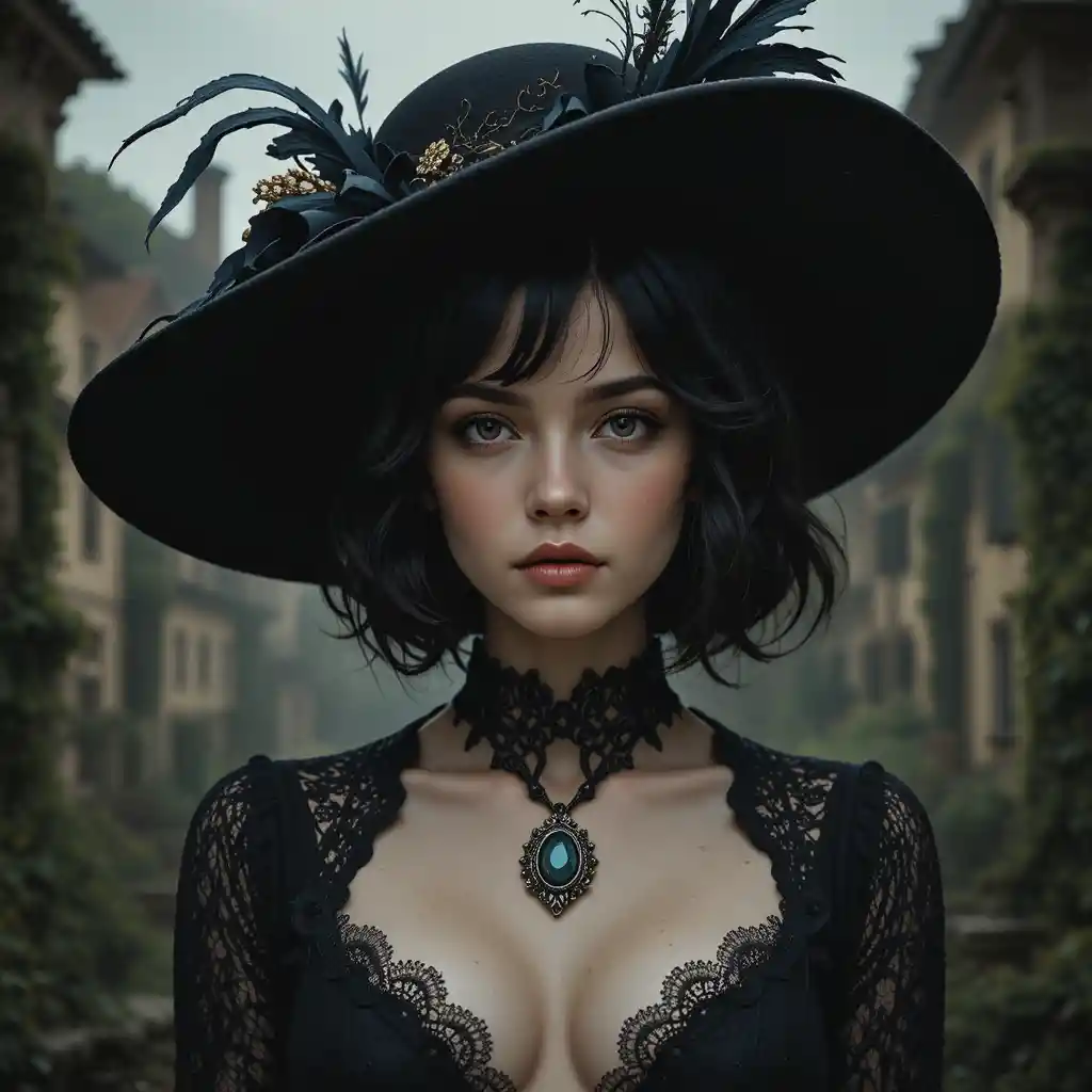 Gothic woman in wide brim hat before faded cityscape