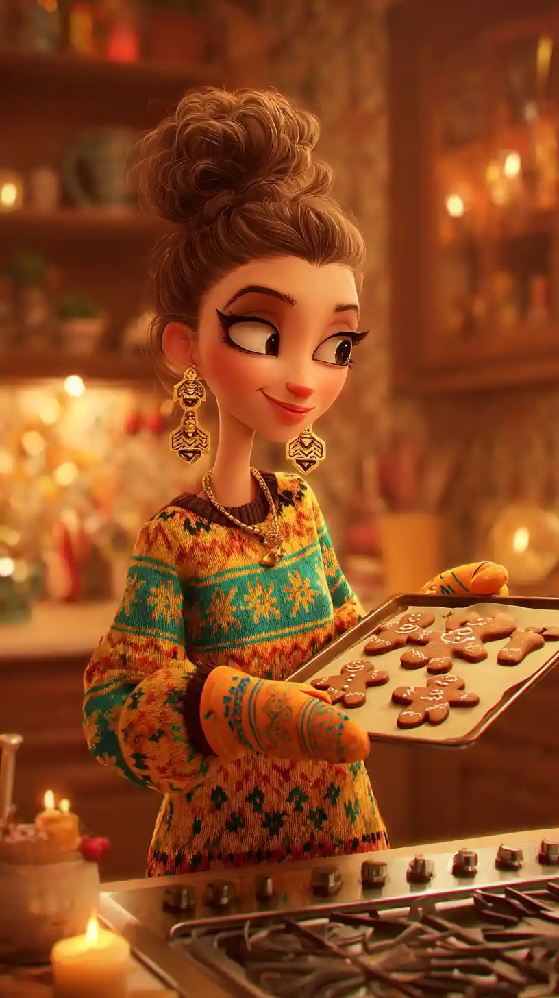 Woman serving gingerbread cookies in cozy christmas kitchen