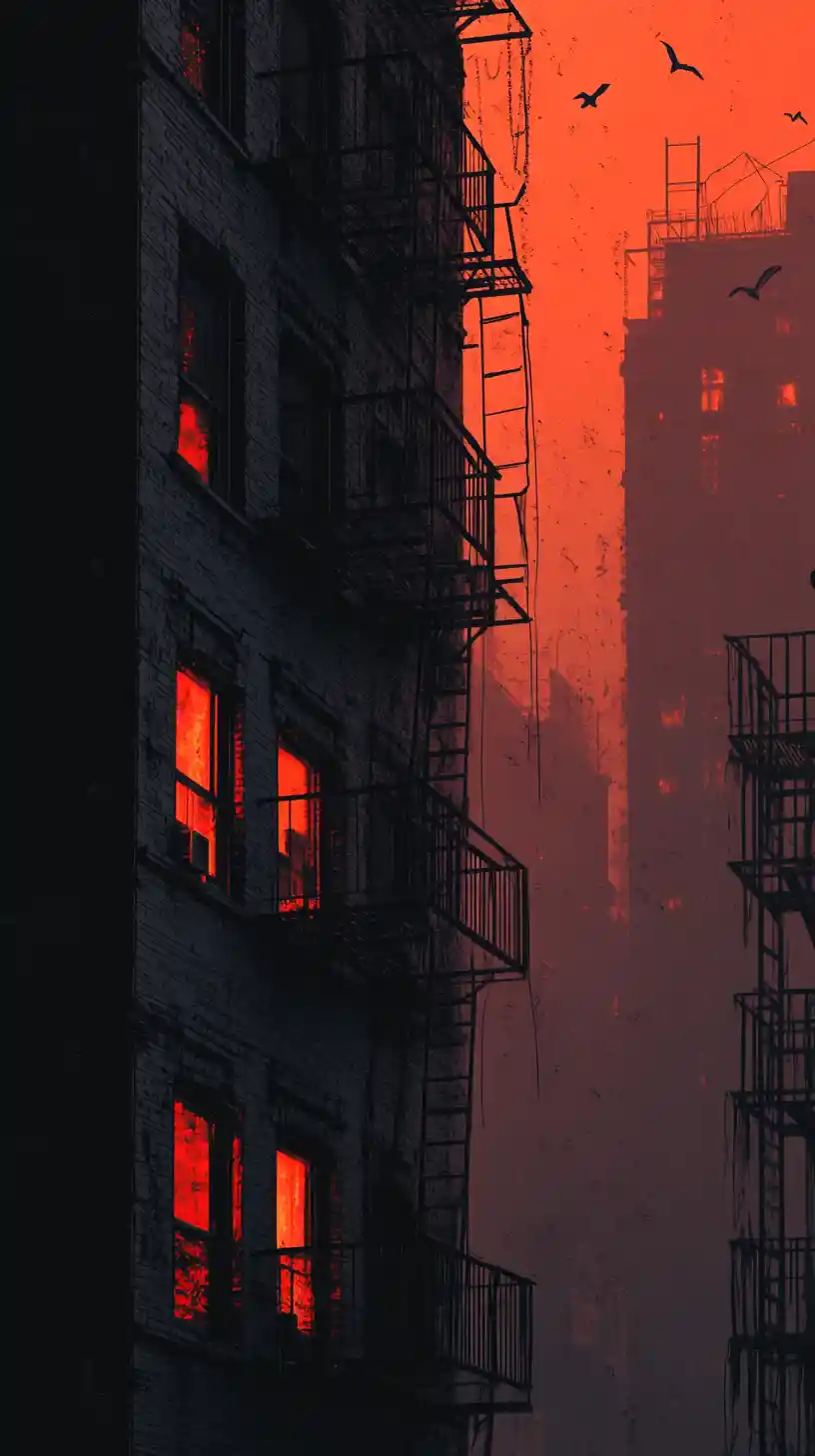 Edificio de apartamentos deteriorado en niebla naranja con ventanas rojas