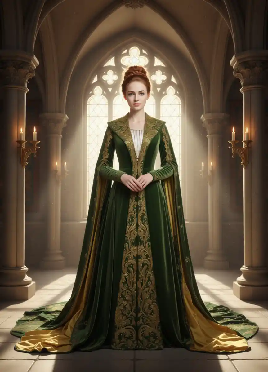 Elegante mittelalterliche Dame im grünen Samtkleid am gotischen Fenster
