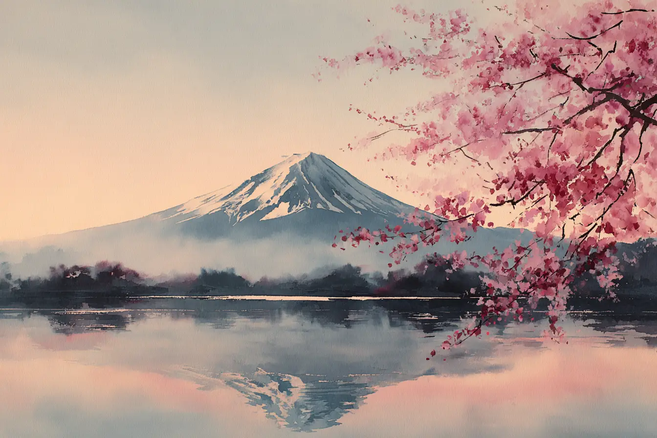 Mount Fuji with cherry blossoms above a quiet lake