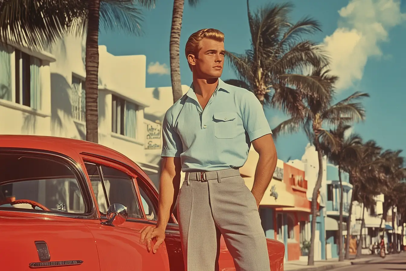 Muscular man standing by red car on sunny Miami street