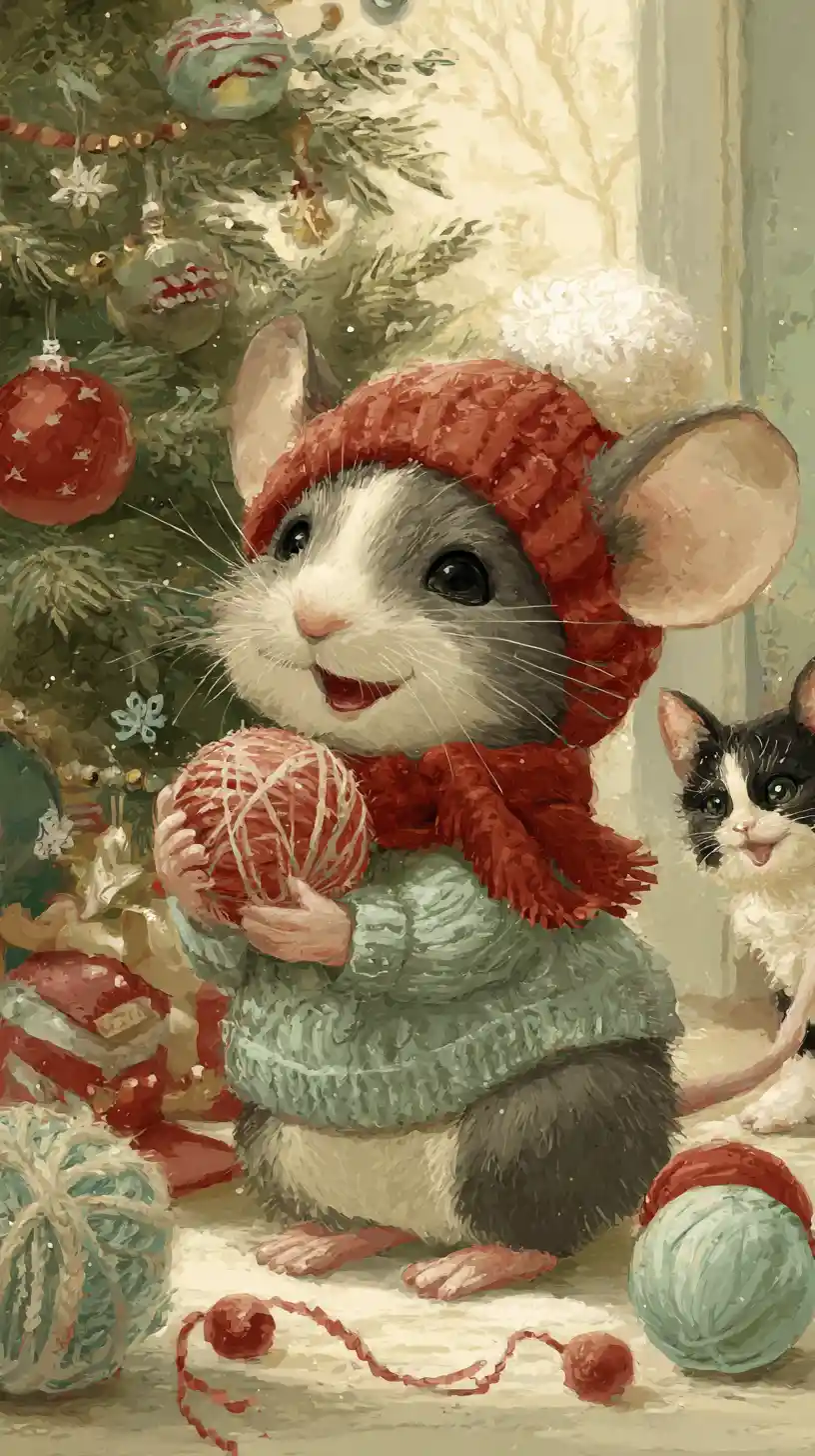 Topolino allegro e gatto curioso accanto a un festoso albero di Natale