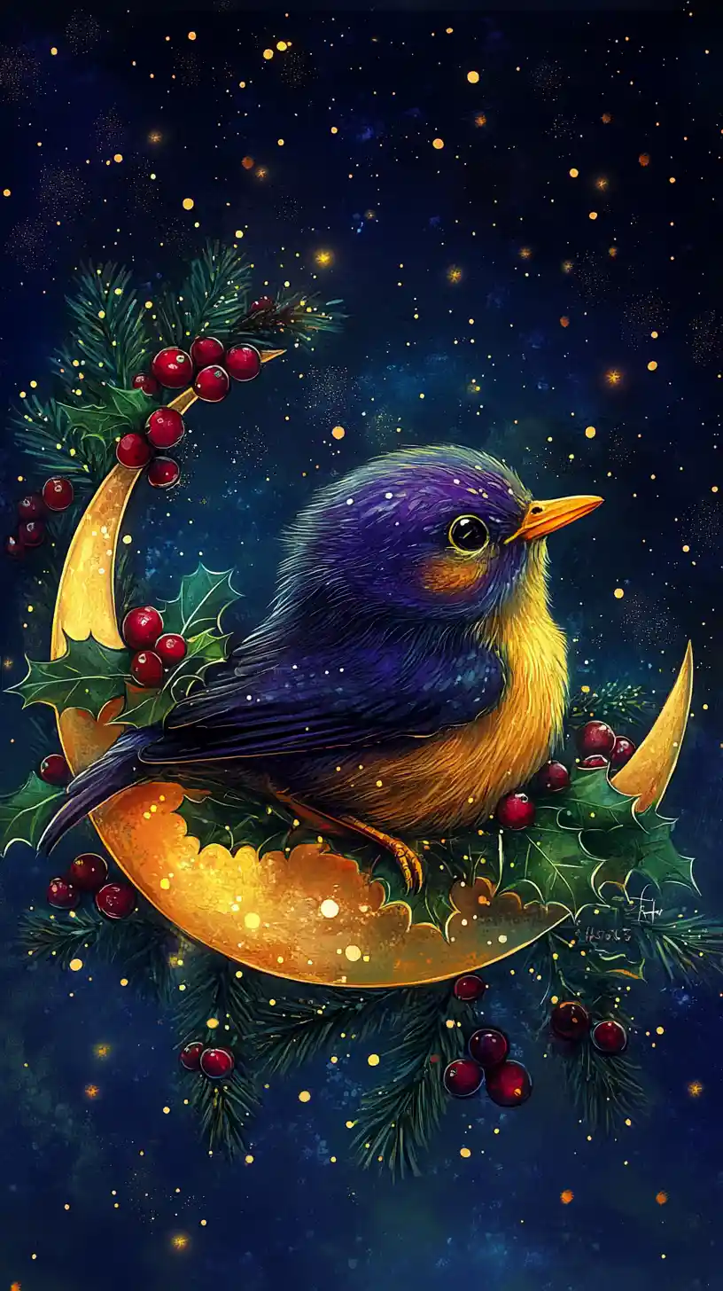 Pássaro roxo fofinho descansando em uma lua crescente na noite de Natal