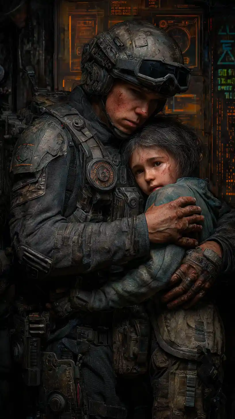 미래 디스토피아 도시의 군인과 AI 아이