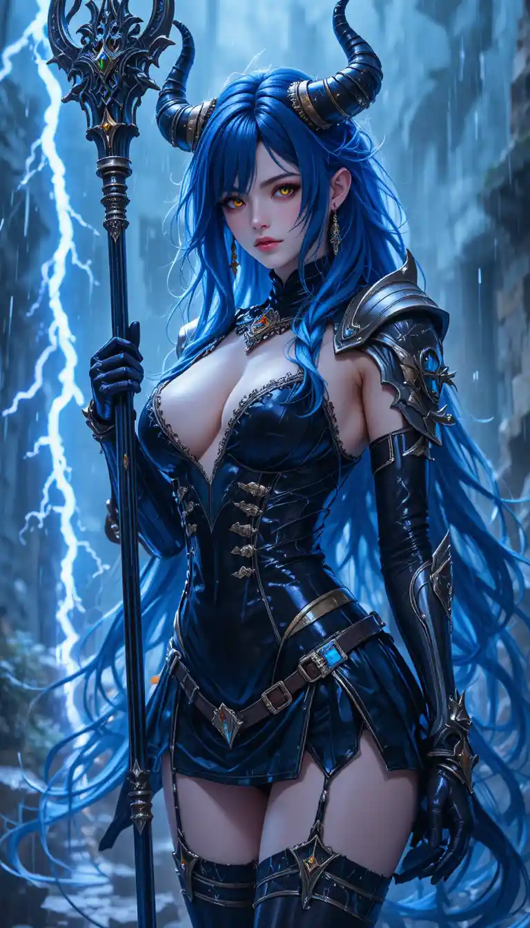 Blue haired oni girl warrior holding a glowing polearm