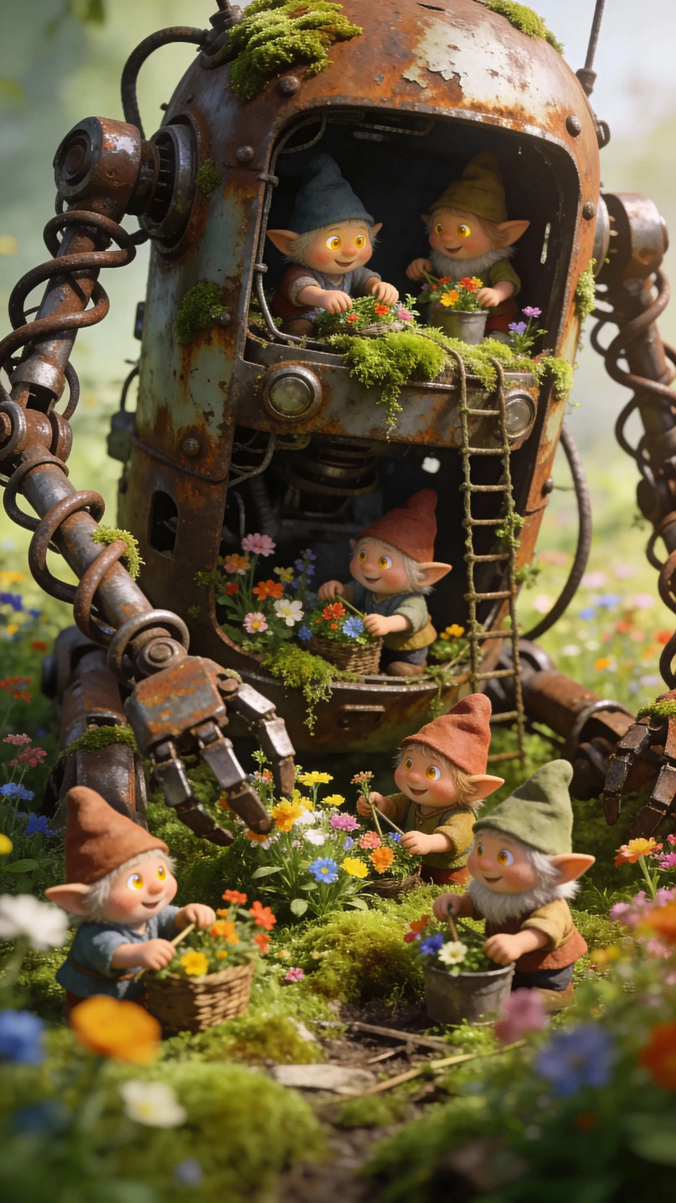 Joyful gnomes living inside an abandoned mossy robot