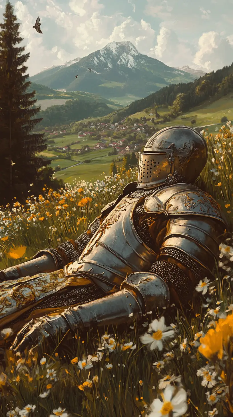 Dying knight in golden armor lying in a meadow at dusk