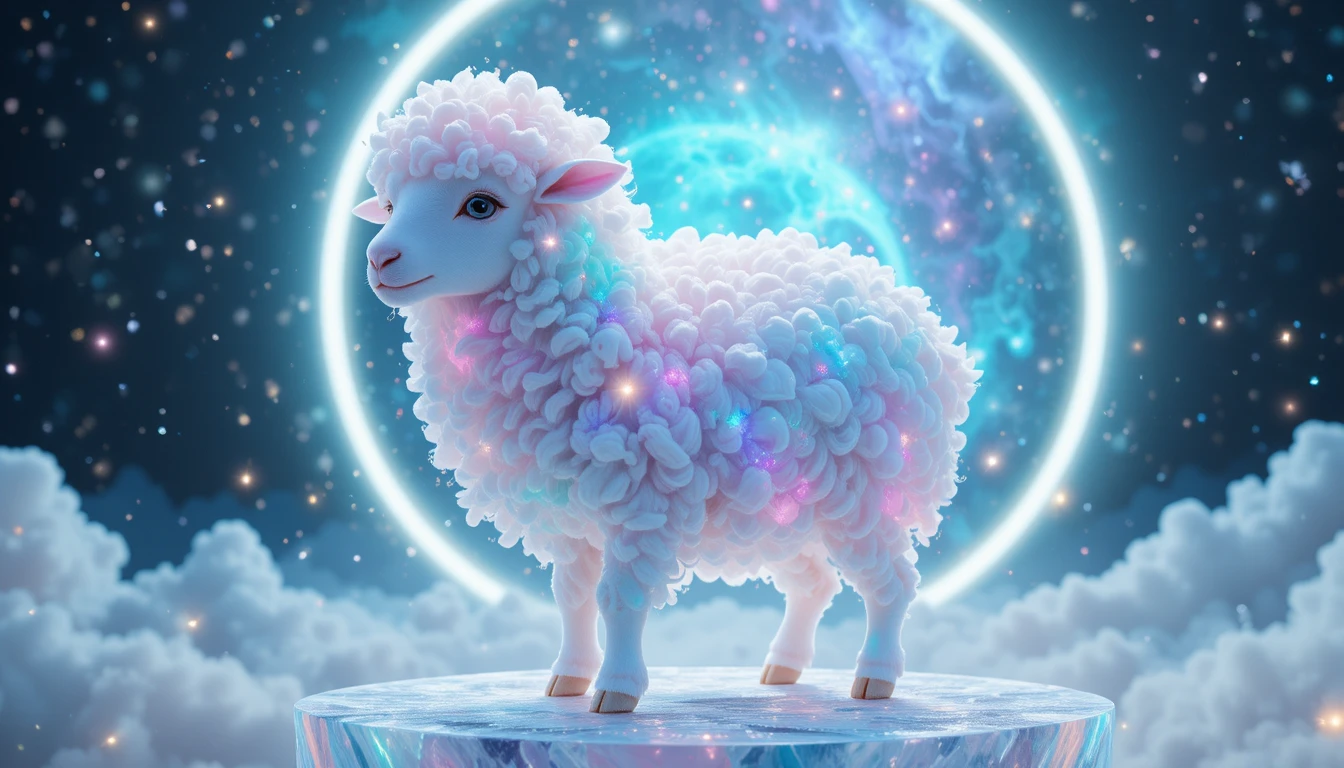 Agnello cosmico luminoso su piattaforma di cristallo fluttuante