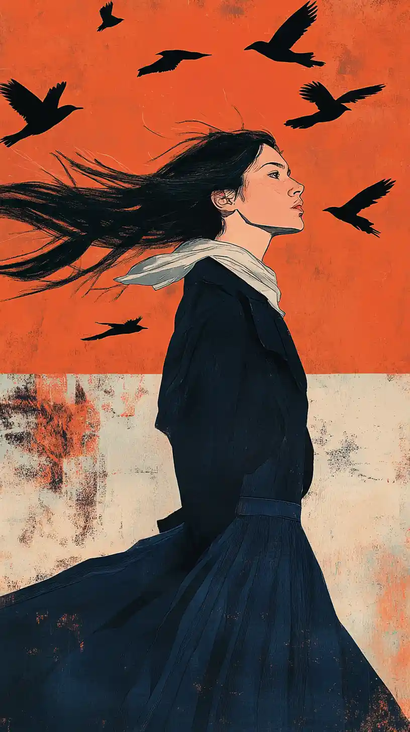 Young woman in motion with birds on abstract sky