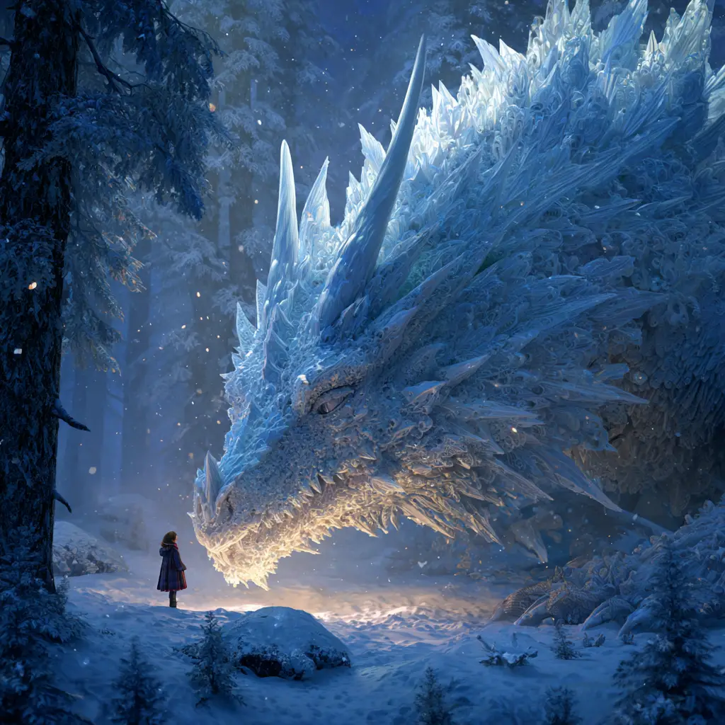 Snowflake dragon guarding a steampunk girl in winter forest