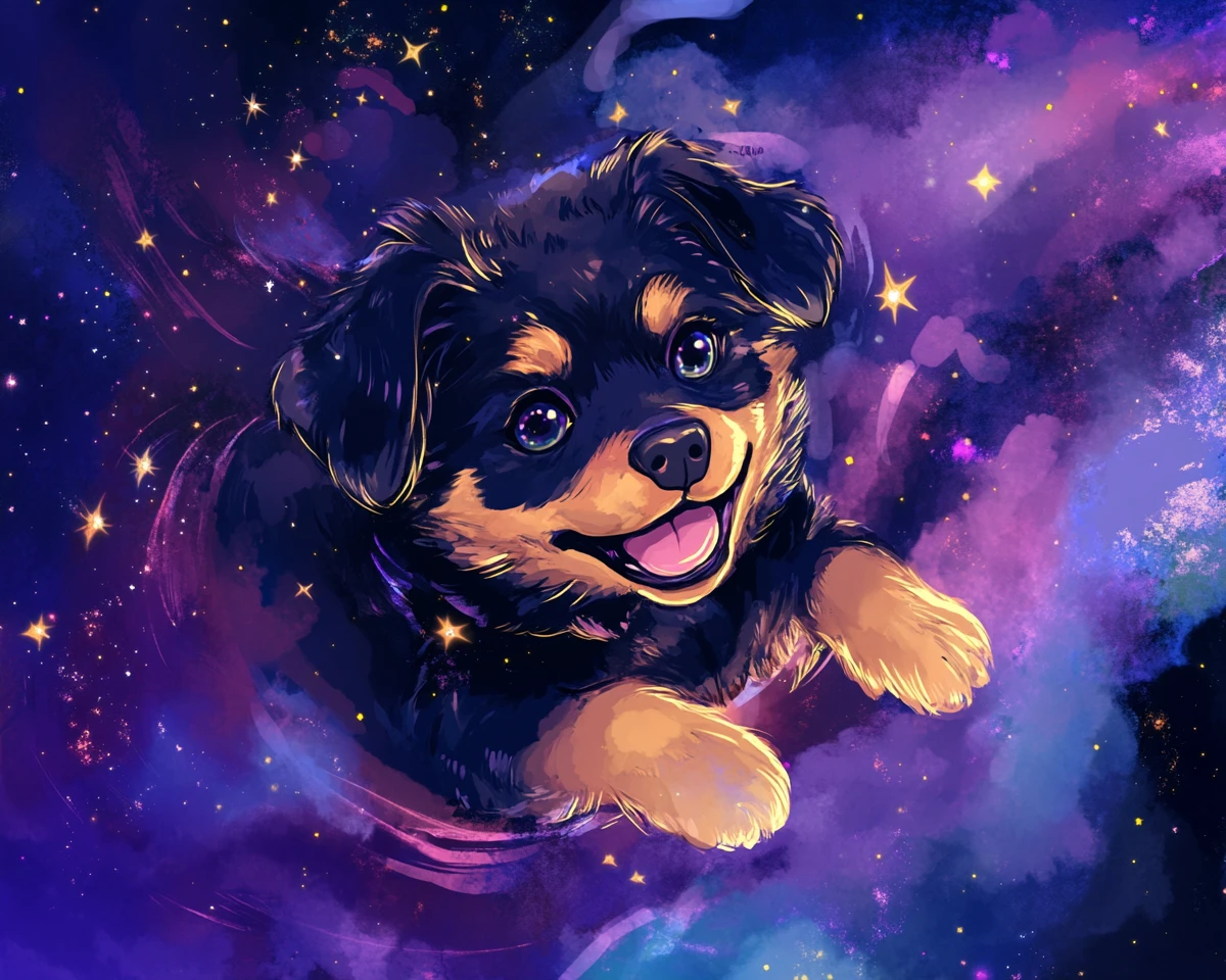 Fluffy chibi rottweiler puppy tumbling through cosmic space