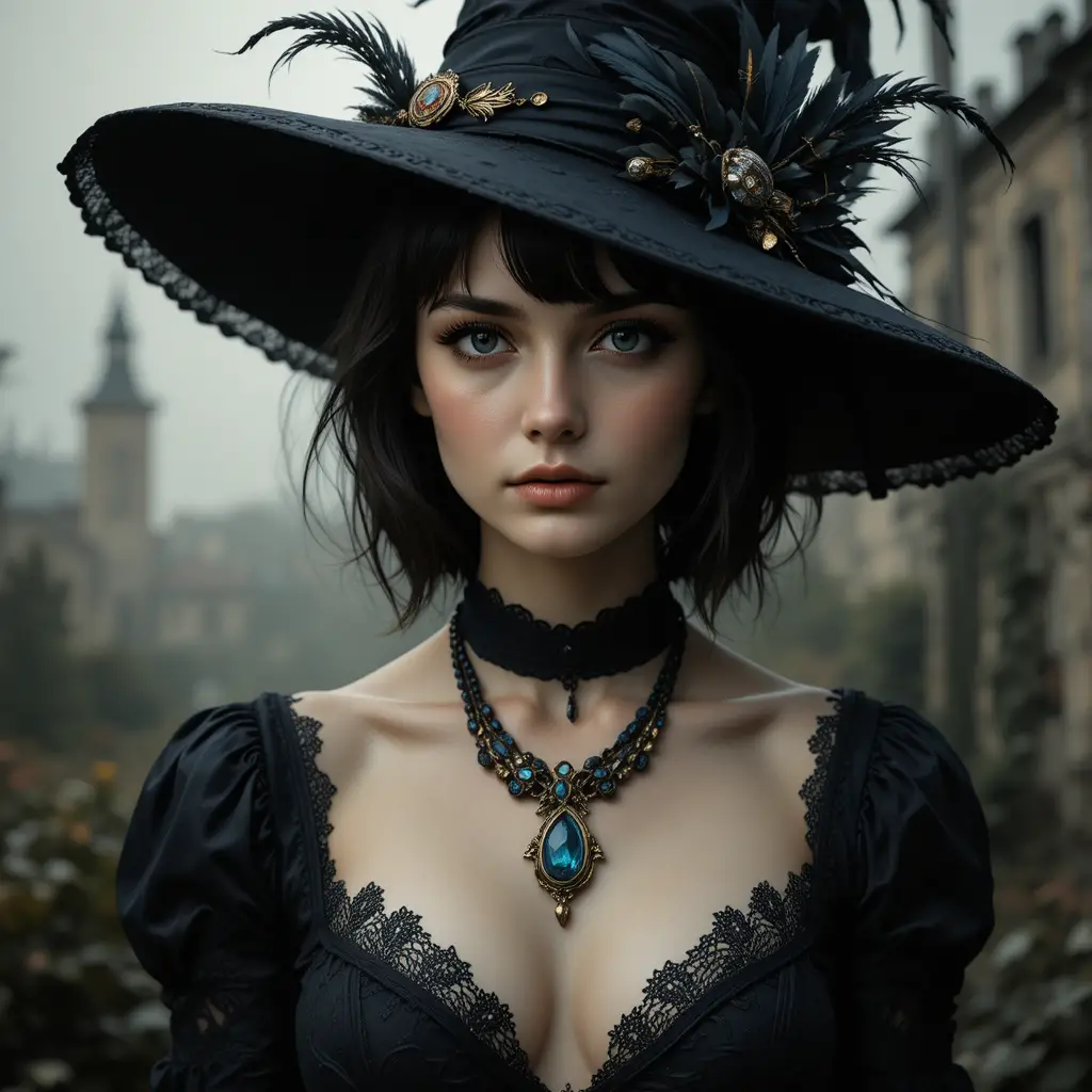 Young woman in gothic hat before overgrown city ruins