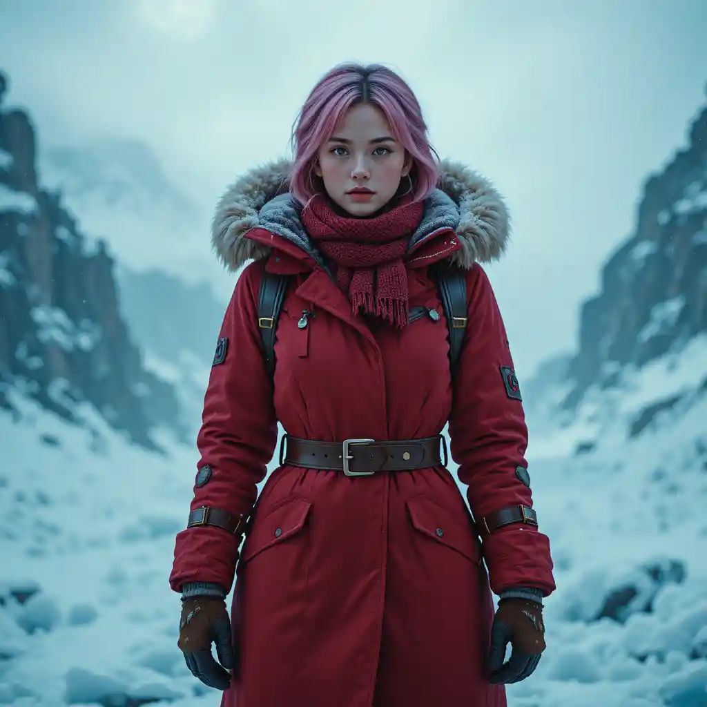 穿紅色連帽外套的冒險女子站在雪中的冬日光線裡