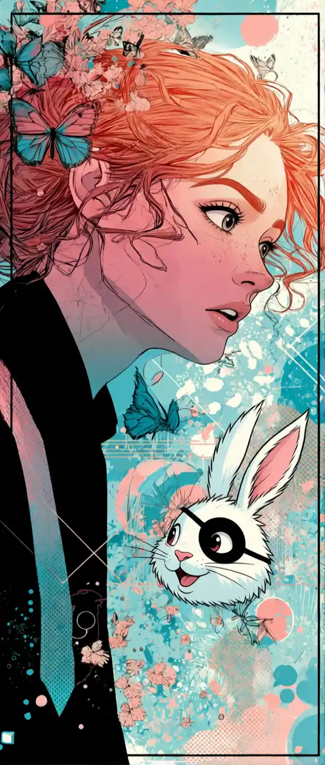 Girl listening to excited anthropomorphic hare companion