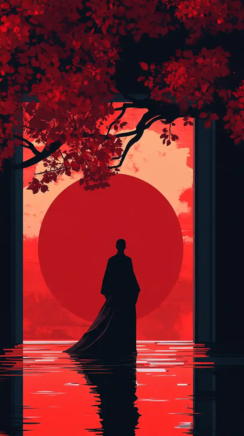 Solitary robed figure before doorway and red sun