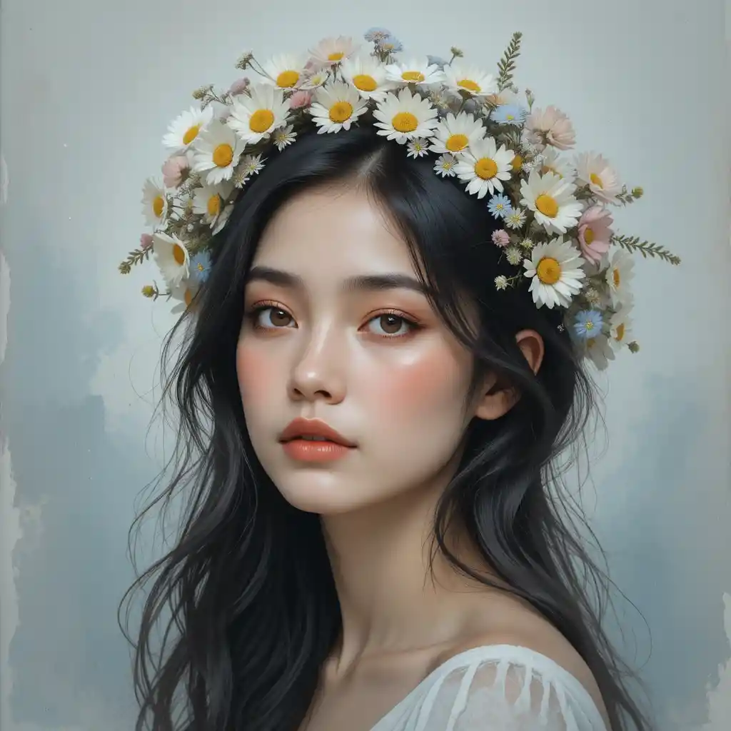 Melancholic girl with wildflower crown in soft painterly portrait