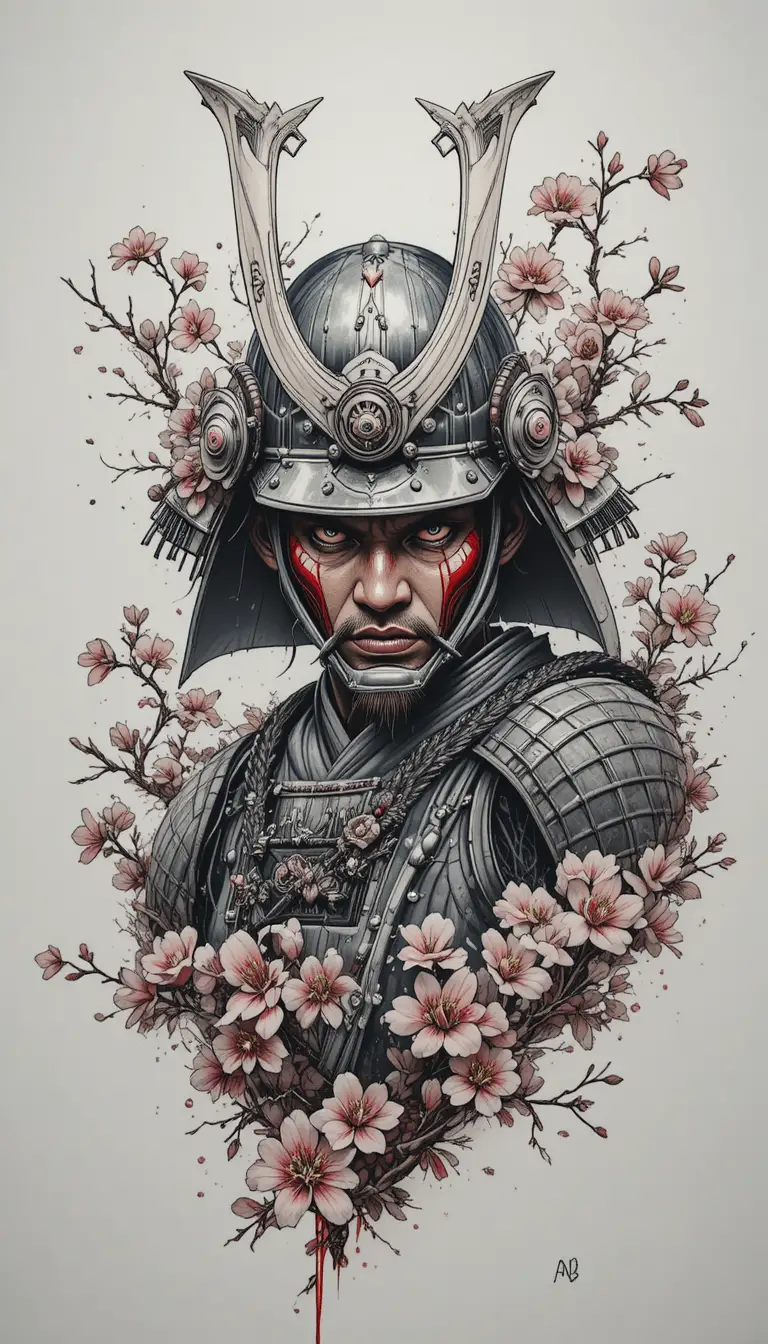Tatuaggio di guerriero samurai con elmo cornuto e fiori di ciliegio