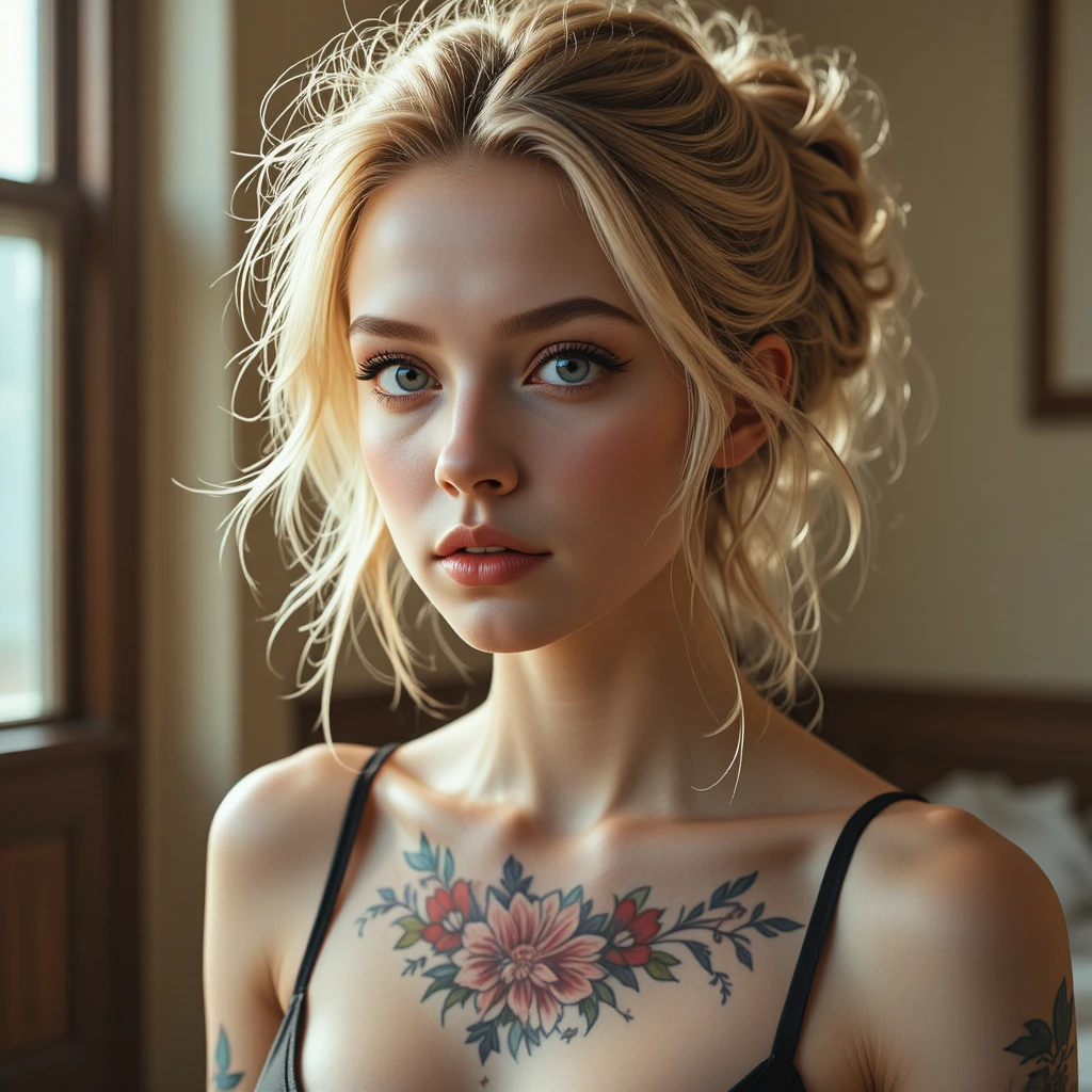 Jeune femme blonde tatouée en portrait intérieur à la douce lumière latérale