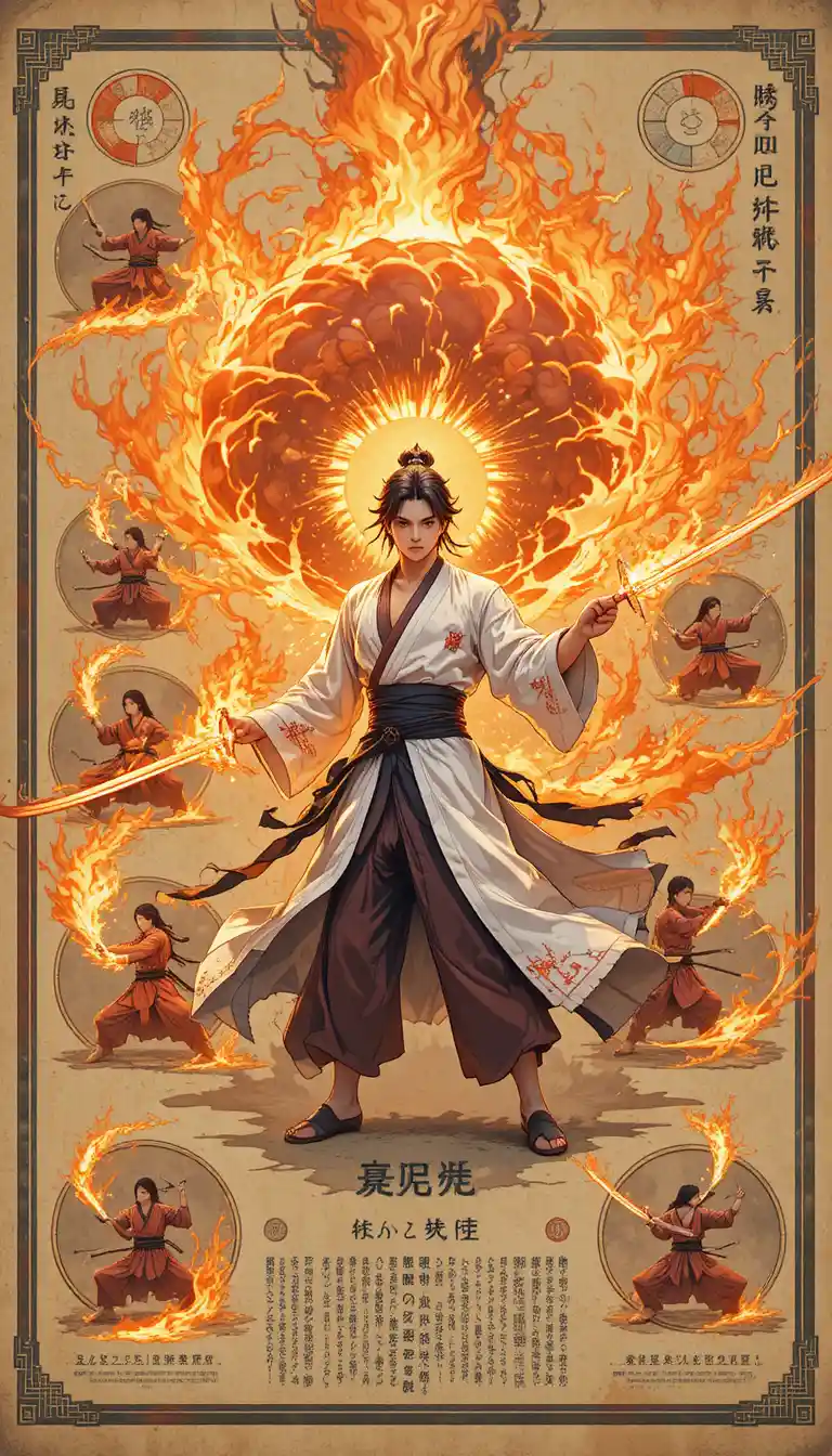 Anime fire warrior surrounded by blazing sword techniques