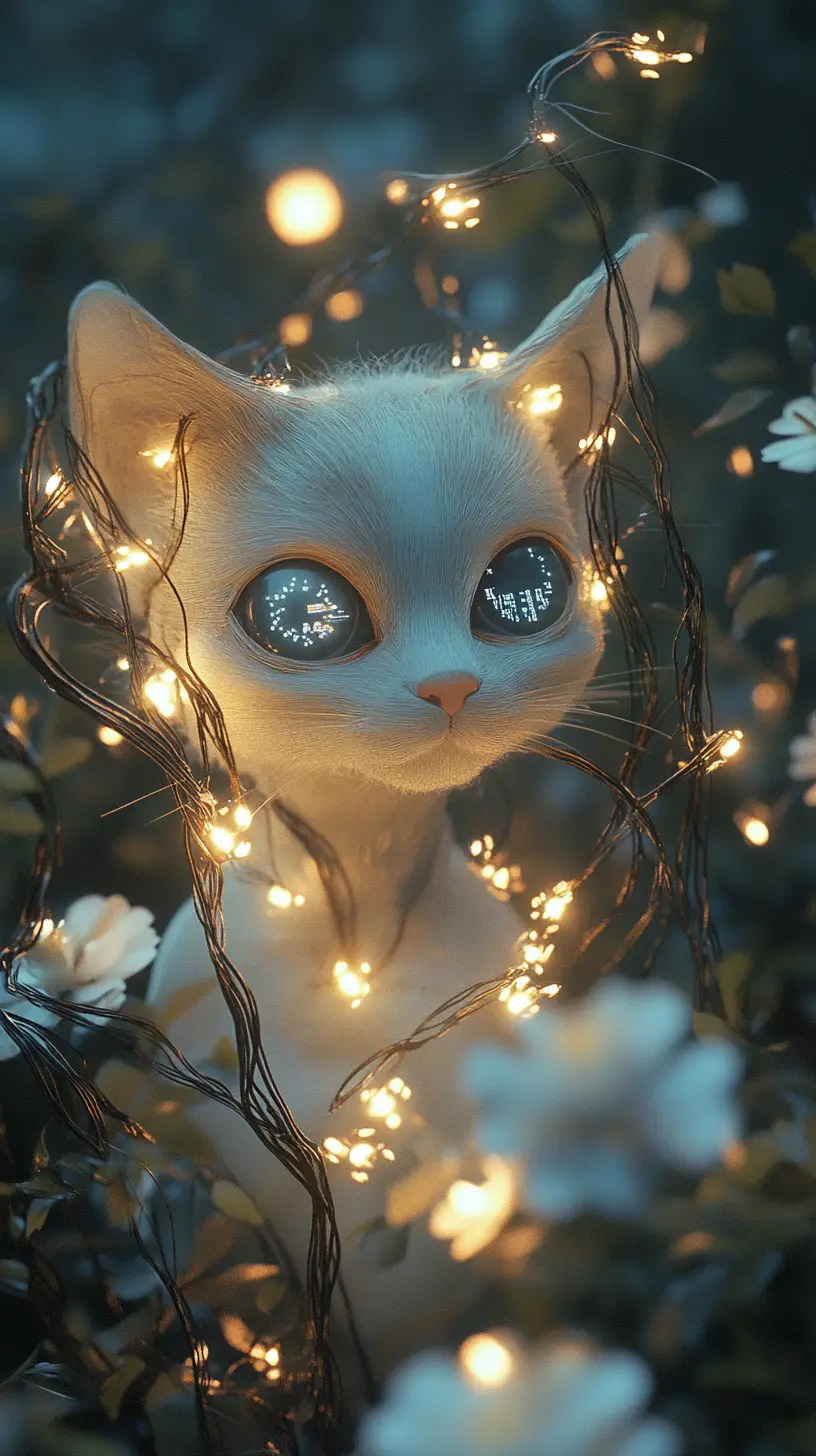 Ghostly cat violinist dancing in an enchanted garden