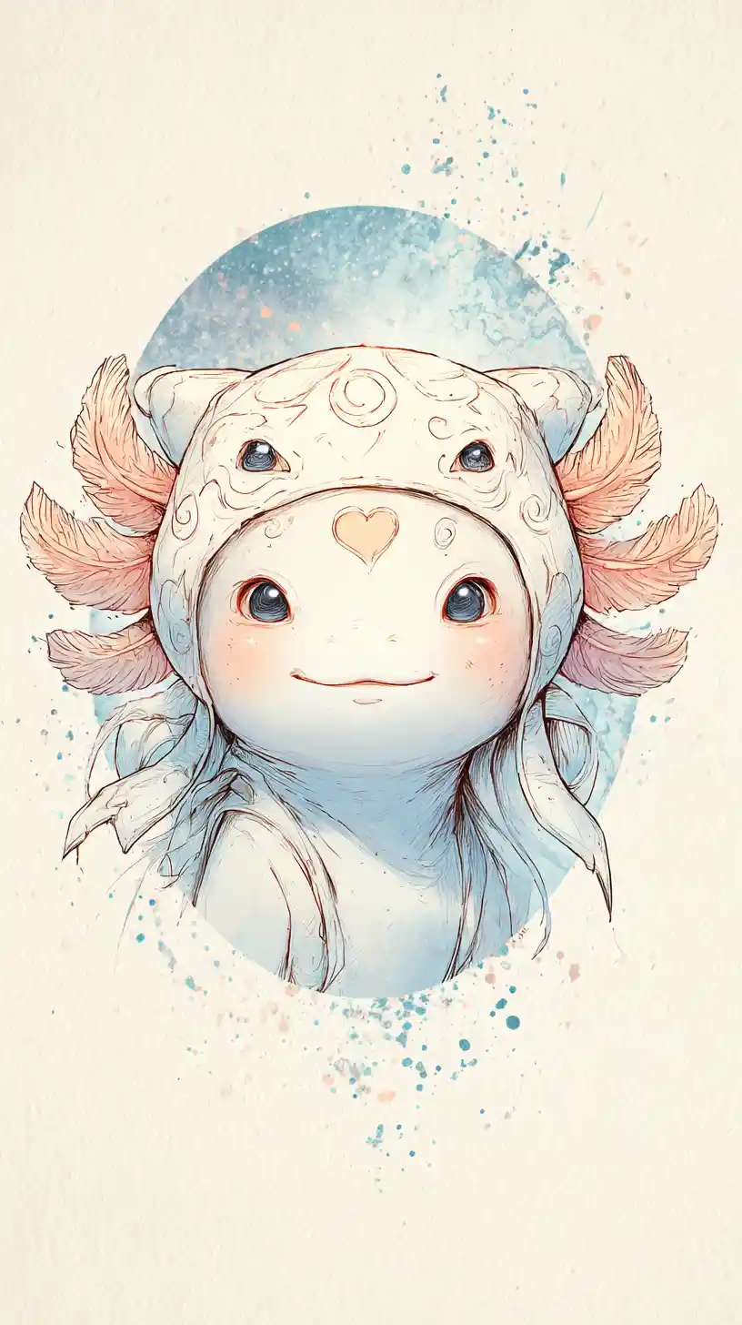 Gentle child in axolotl hat with soft watercolor style