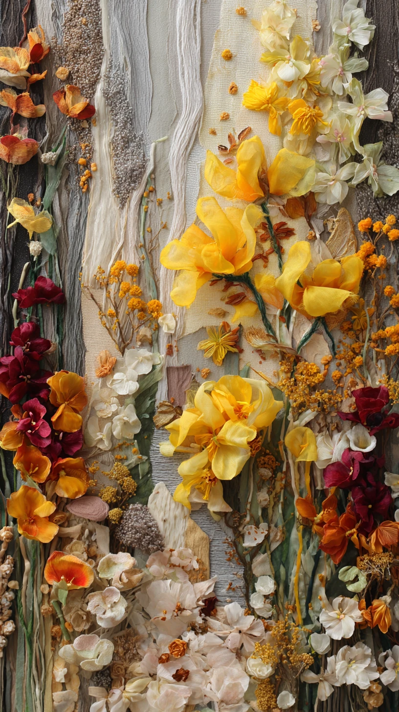 Textile collage sculpture bursting from a flat abstract background