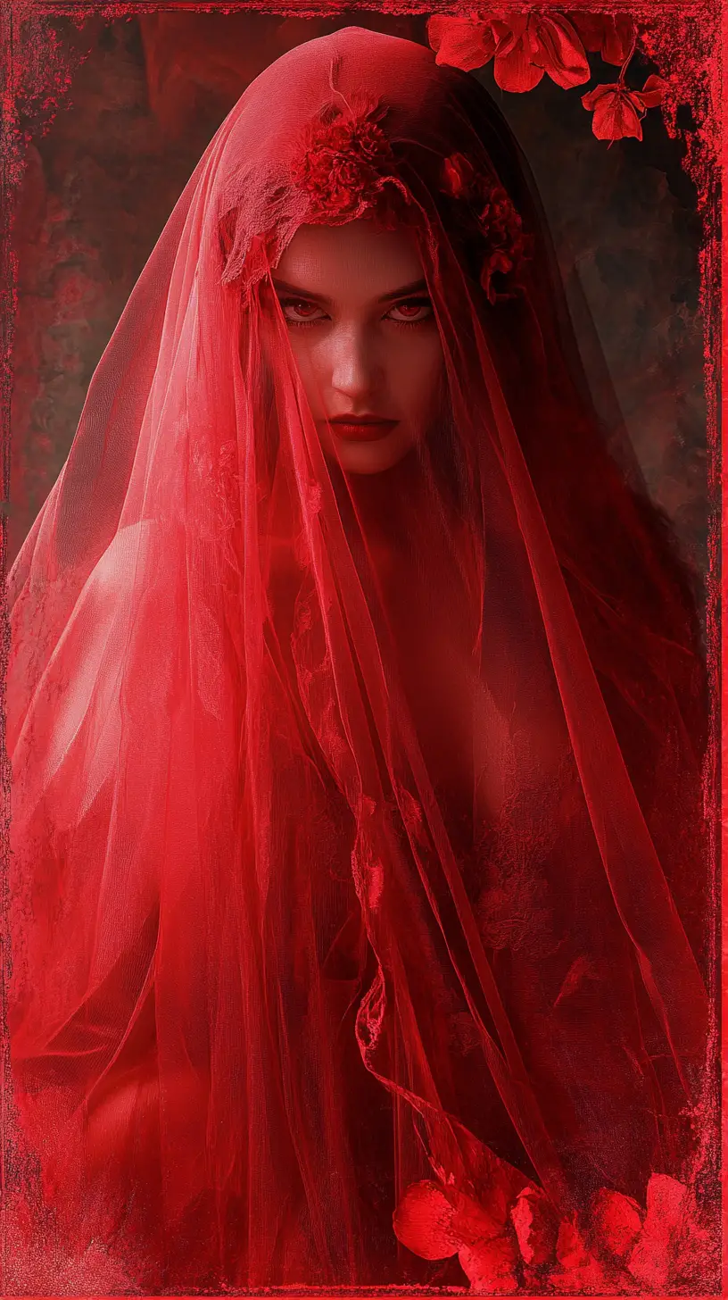 Veiled woman in red gown with candlelit dark room