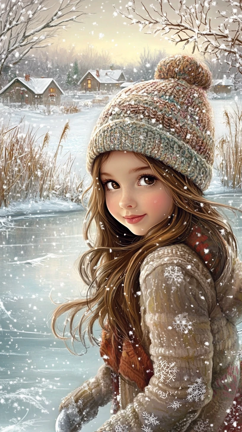 Dolce ragazza che pattina sul ghiaccio su uno stagno invernale ghiacciato