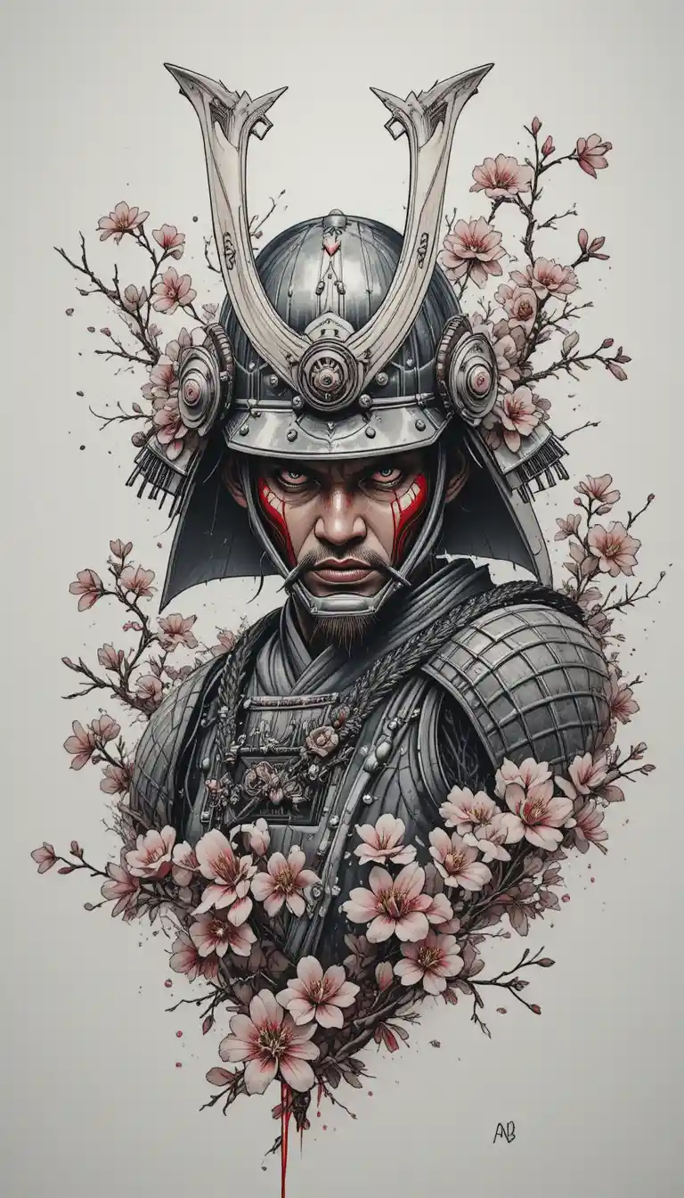 Tatuaggio di guerriero samurai con elmo cornuto e fiori di ciliegio
