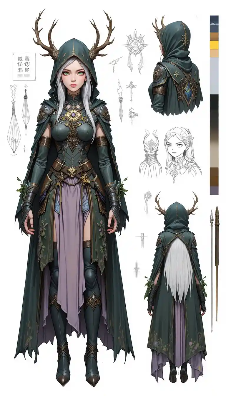 Female elven ranger character sheet with forest inspired armor
