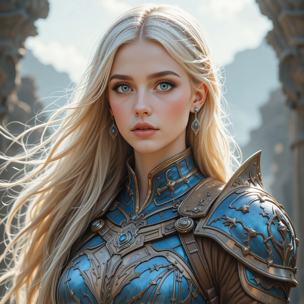 Blondes Fantasy-Mädchen in kunstvoller blau-oranger Rüstung