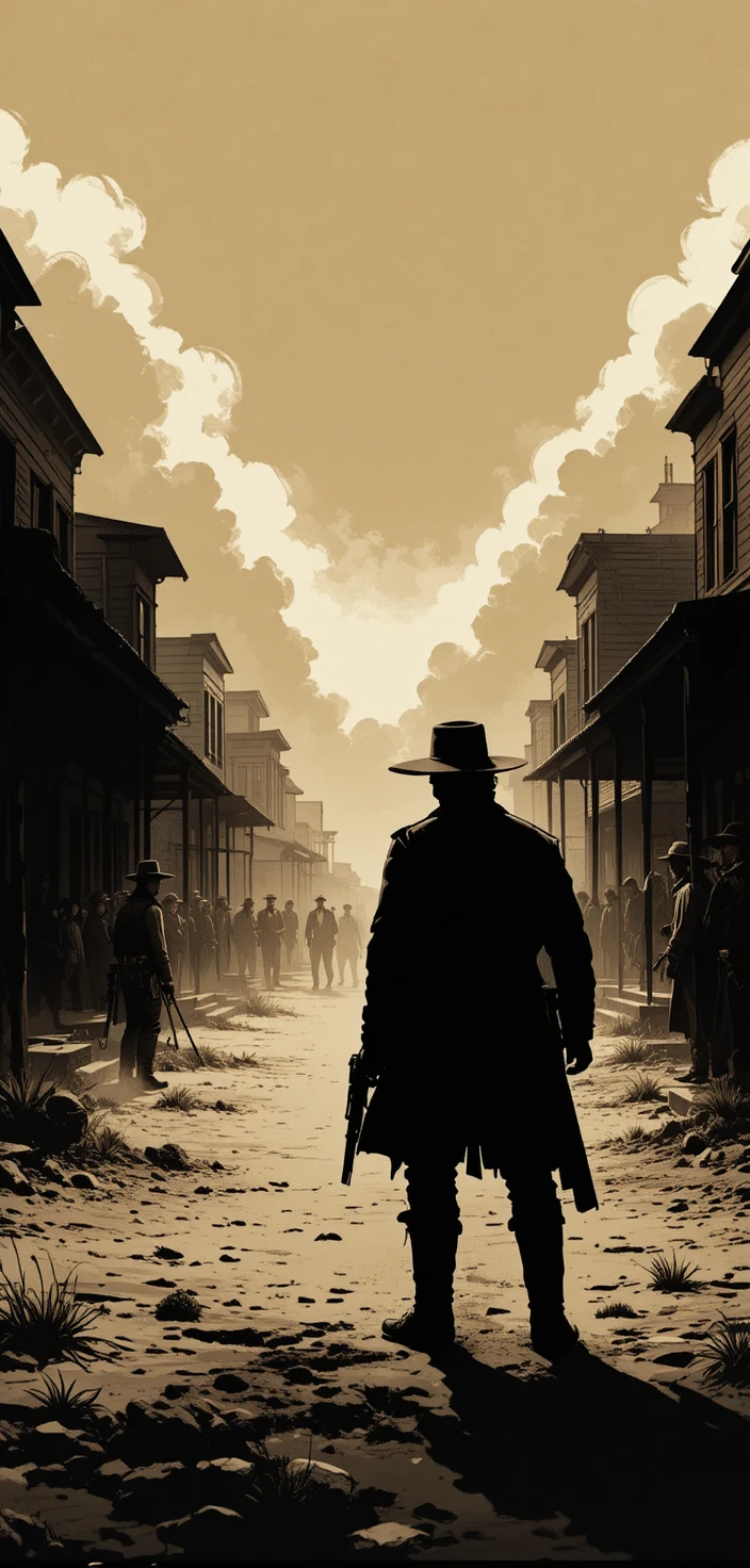 Tense cowboy duel on a dusty western town street