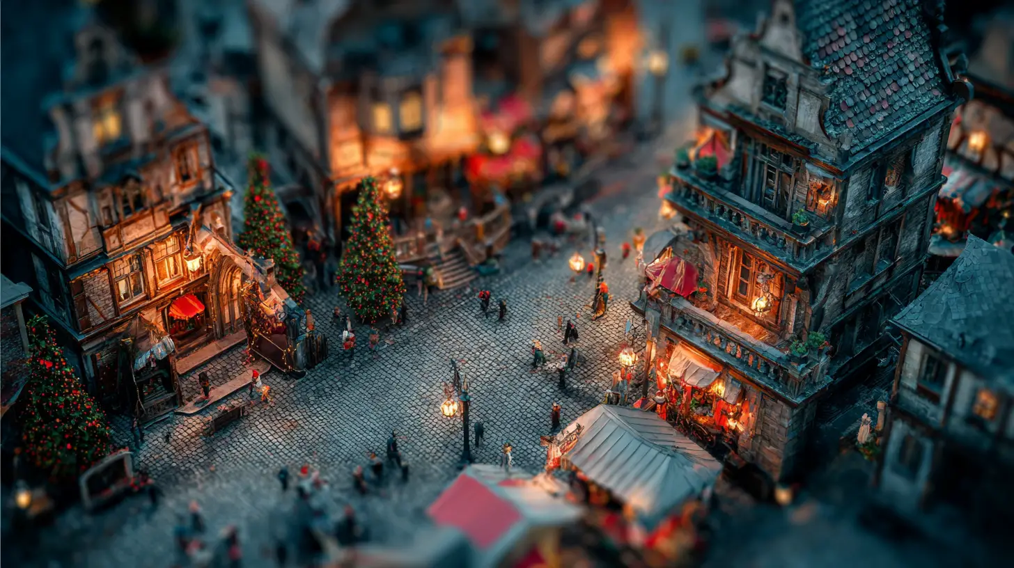 Tilt shift view of a festive medieval Christmas town