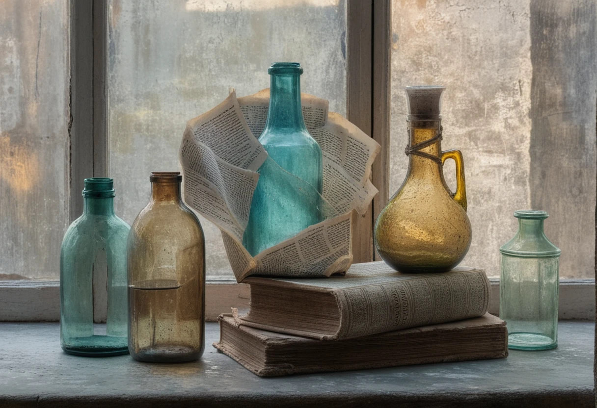 Still life of antique roman bottles beside a window