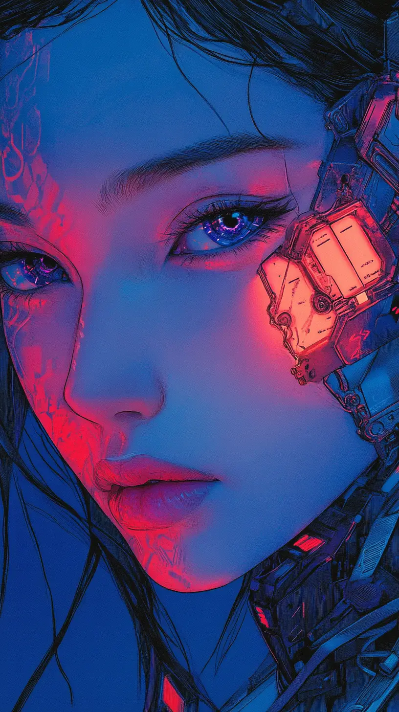 Cybernetic blue skinned woman in dramatic manga close up