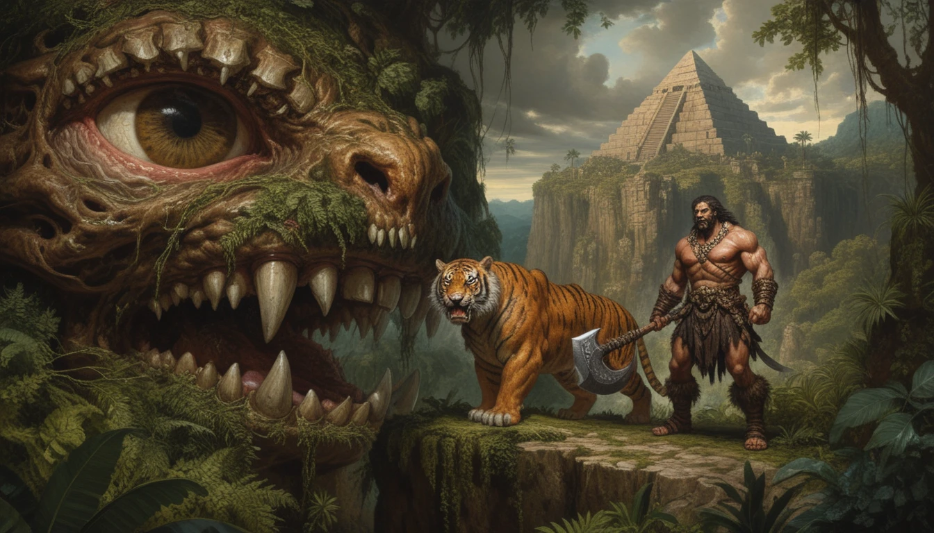 Barbarian Warrior And Armored Tiger On Jungle Cliff