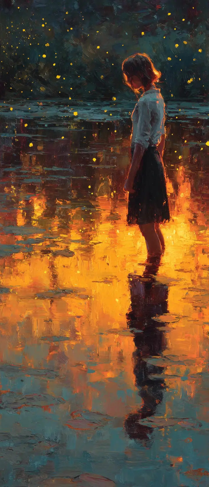 Pensive girl standing in a glowing river at night