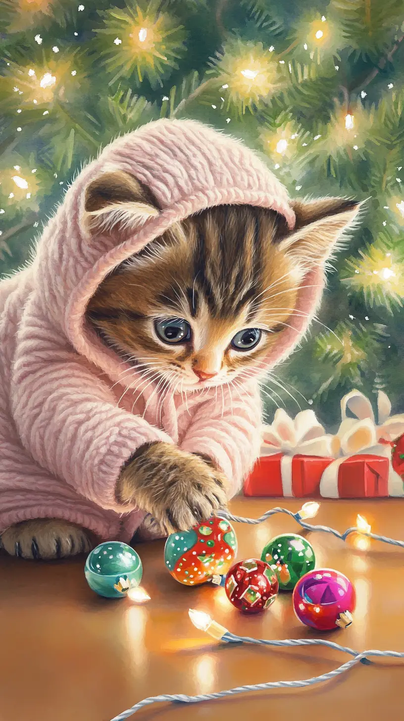 Cute tabby kitten playing with Christmas lights illustration