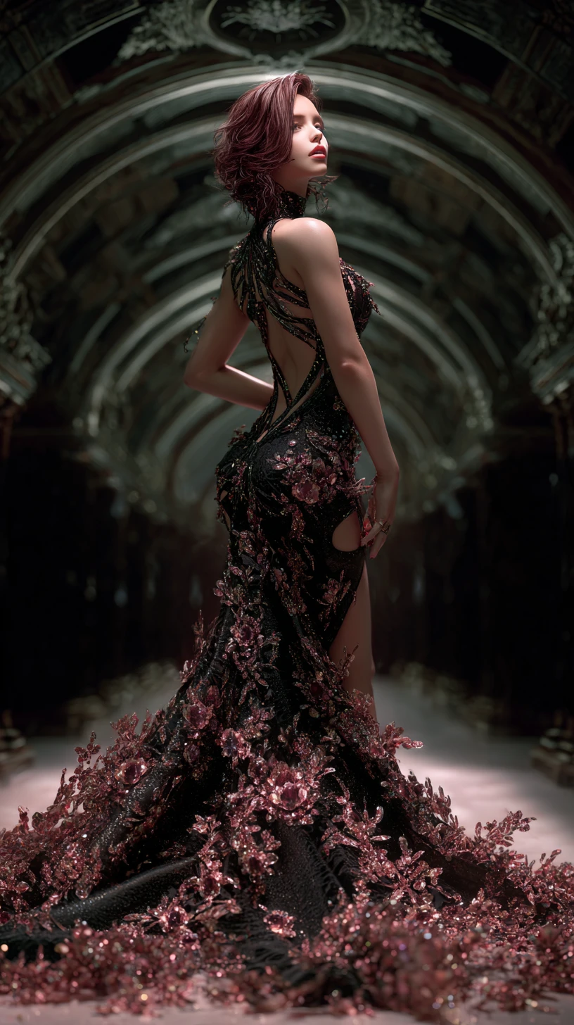 Femme persane en couture noire et rose sertie de bijoux sur un podium