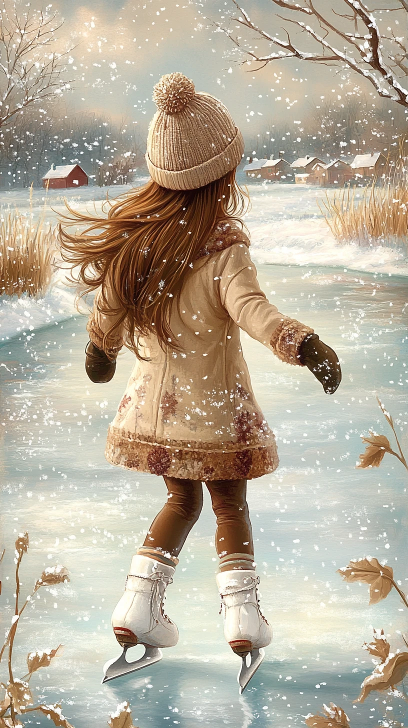 Girl ice skating on a frozen pond in winter village