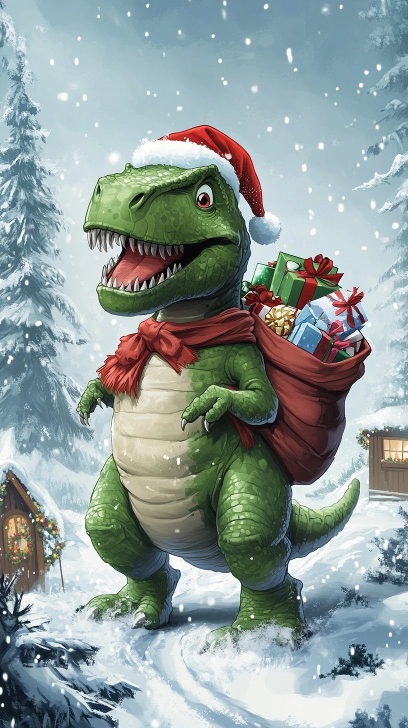 Dinosaurio Santa Claus estilo caricatura en un bosque invernal nevado