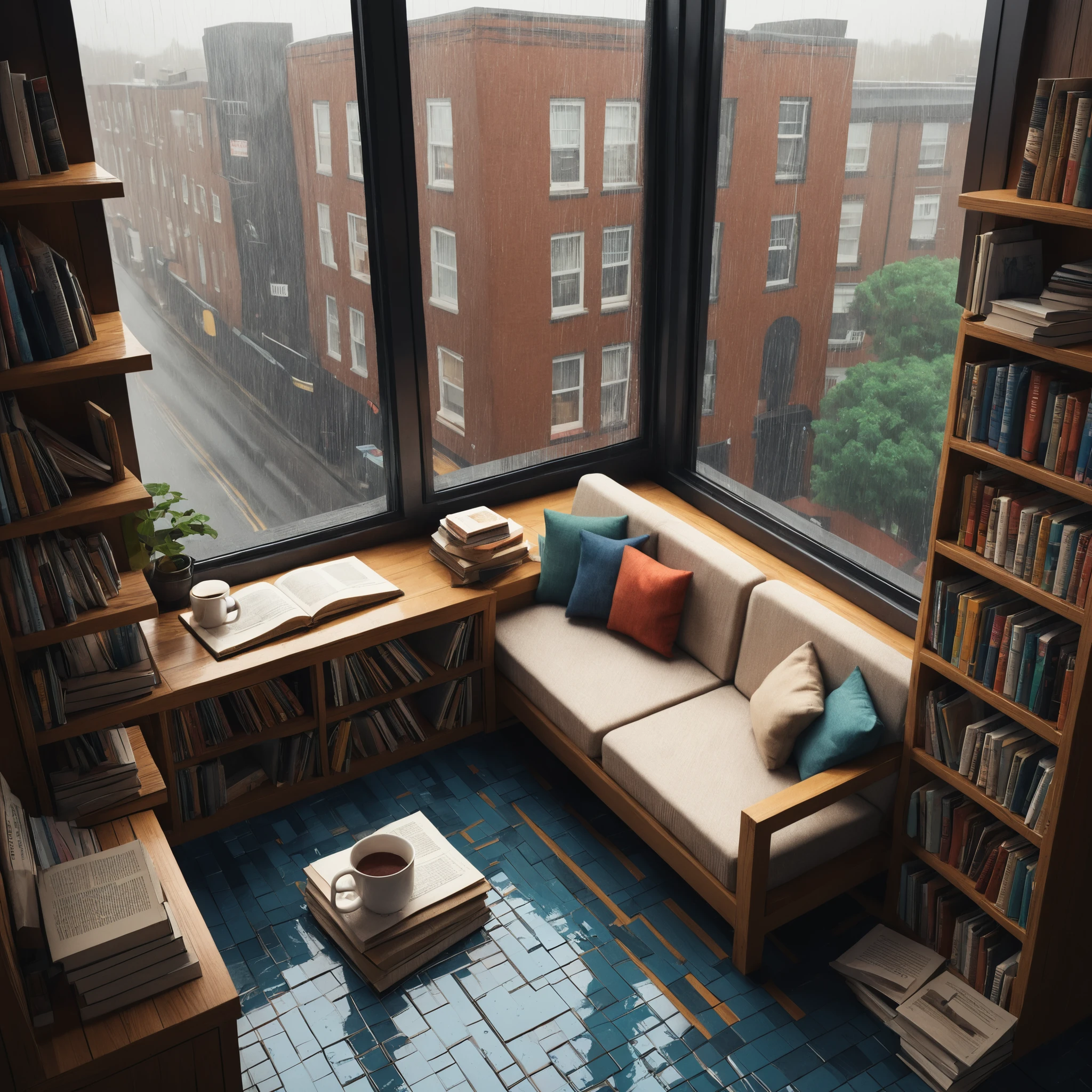 Acogedor asiento de ventana isométrico con libros y taza caliente