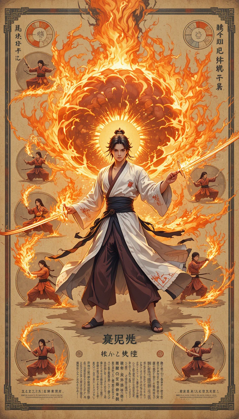 Anime fire warrior surrounded by blazing sword techniques
