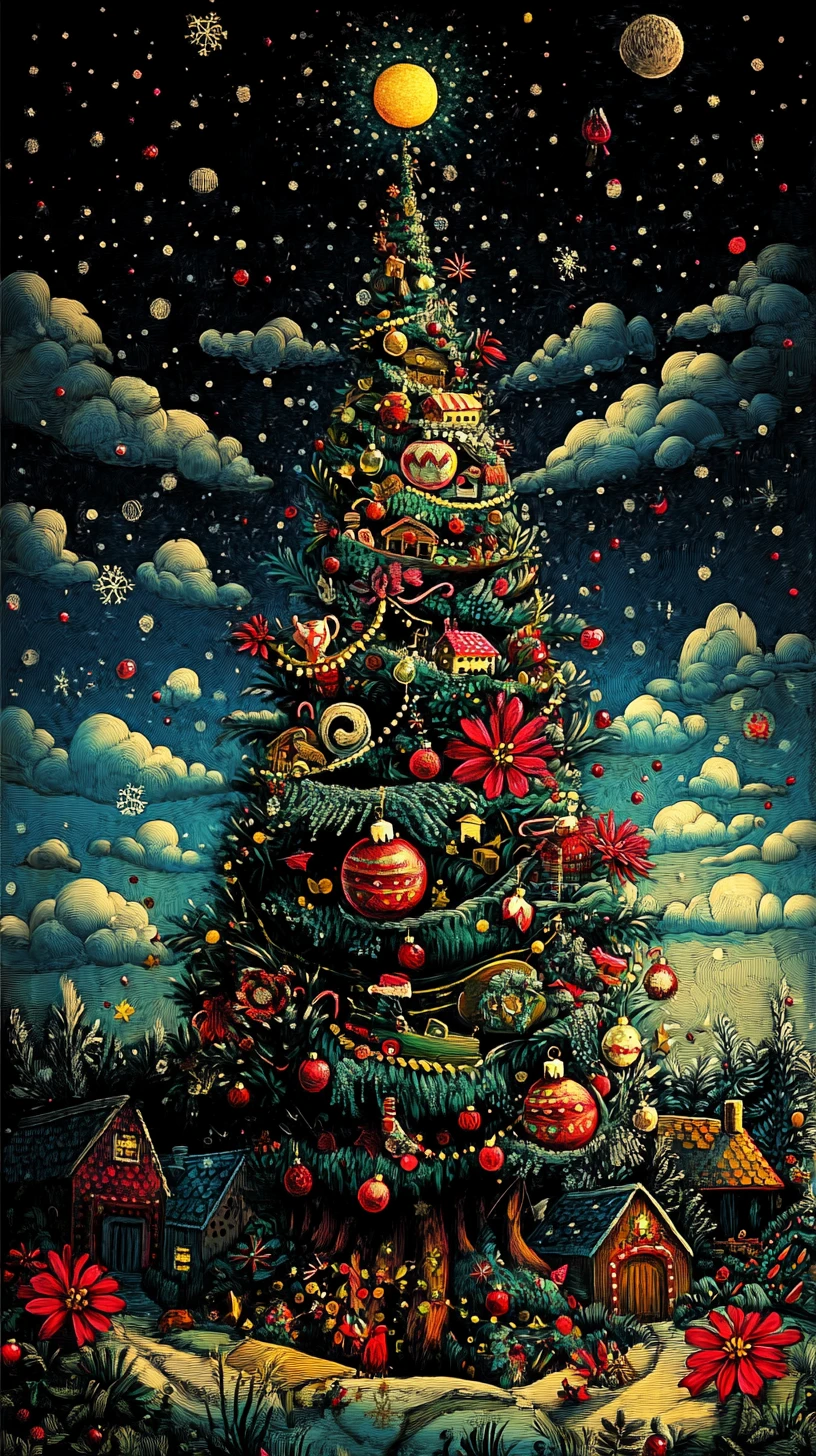 Naive folk style Christmas illustration with trees and houses