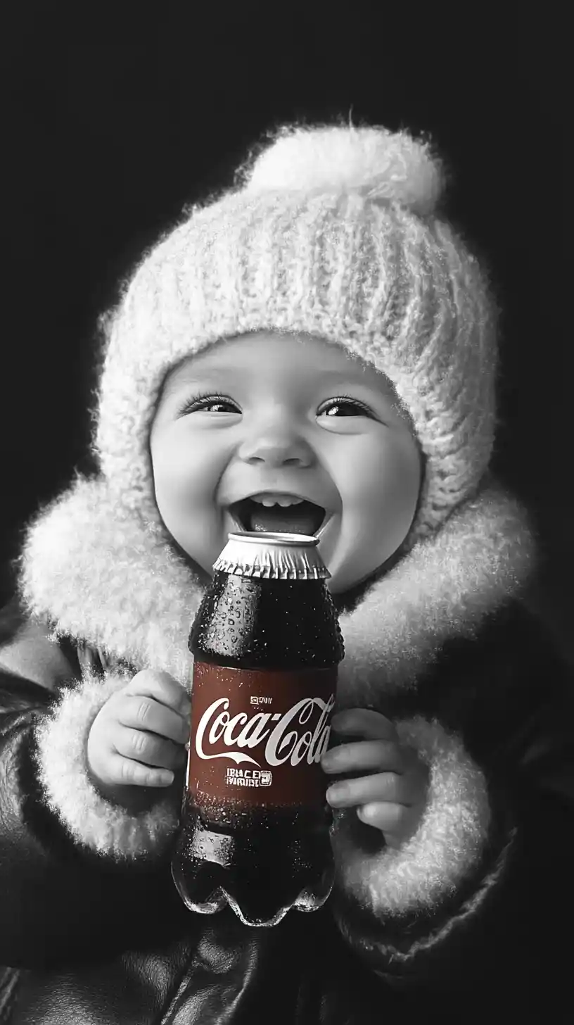 Cucciolo felice di orso polare che tiene in mano una bottiglia di cola
