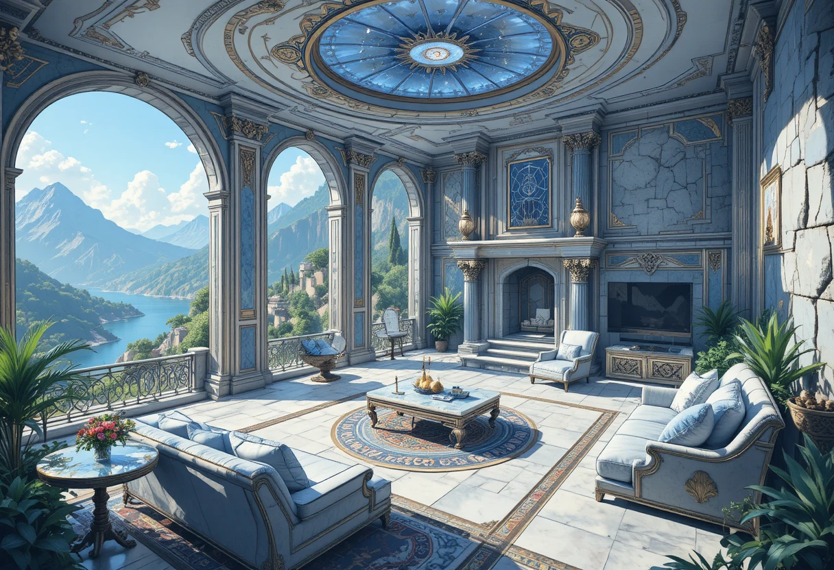 Interior isométrico de villa lujosa de piedra en paisaje montañoso