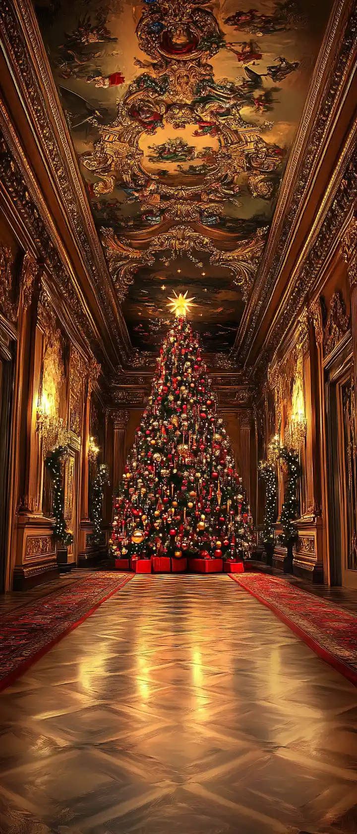 Huge christmas tree in a decorated baroque style hallway